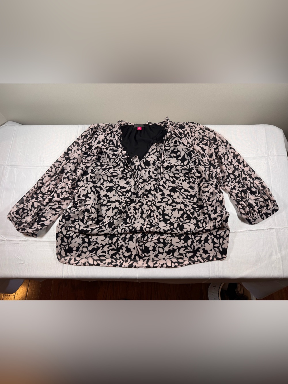 Vince Camuto Black Blouse with Blush Floral Trim